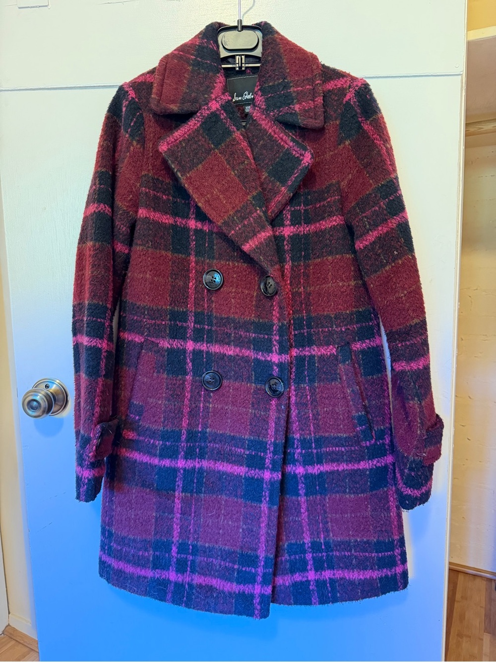 Sam Edelman Burgundy & Black Plaid Double-Breasted Pea Coat XXS